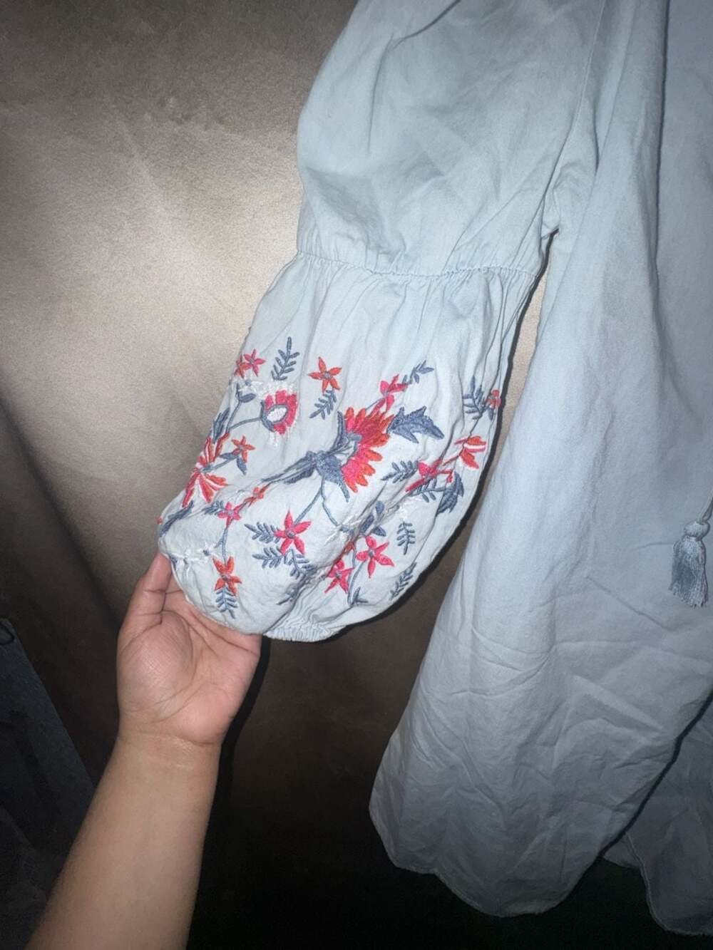 Aeropostale Off-Shoulder Chambray Embroidered Balloon Sleeve Mini Dress - Picture 3 of 6